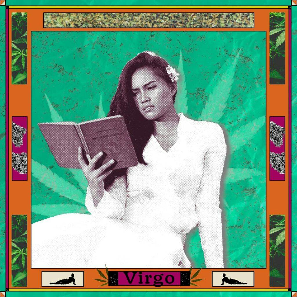 Woman reading a book with a flower in her hair on green background and the word "Virgo"